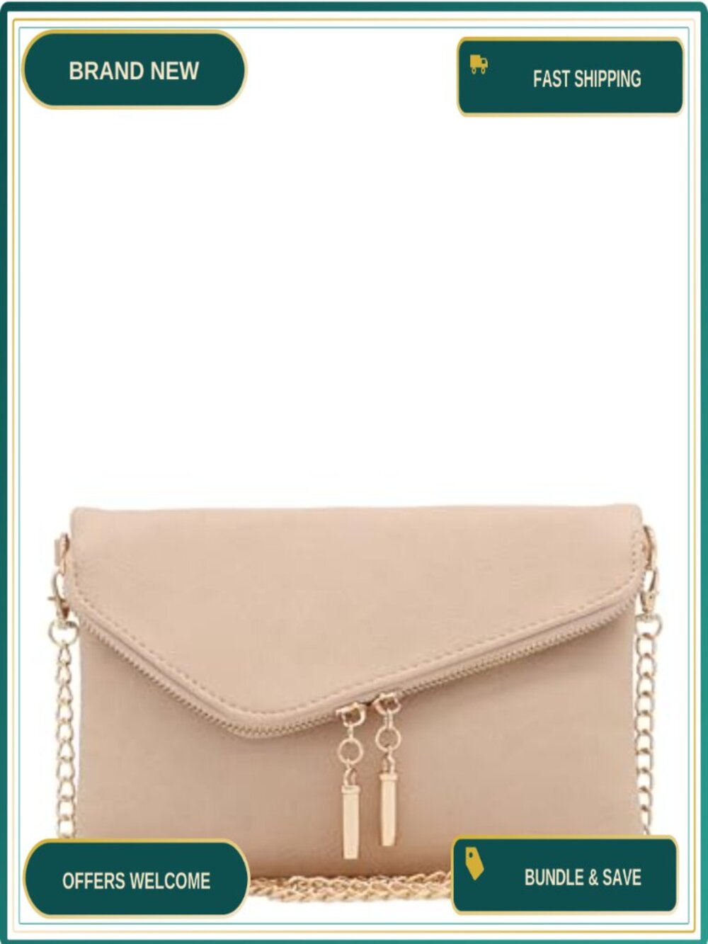 Faux Leather Envelope Wristlet Clutch Crossbody Bag with Chain Strap